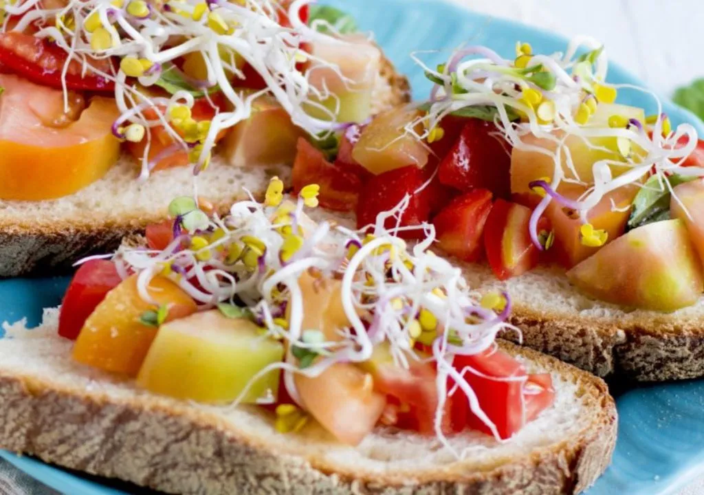 tostada con verdura y germinados de rabano rosado